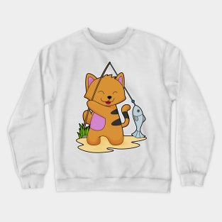 Cat as Fisher with Fishing rod & Fish Crewneck Sweatshirt